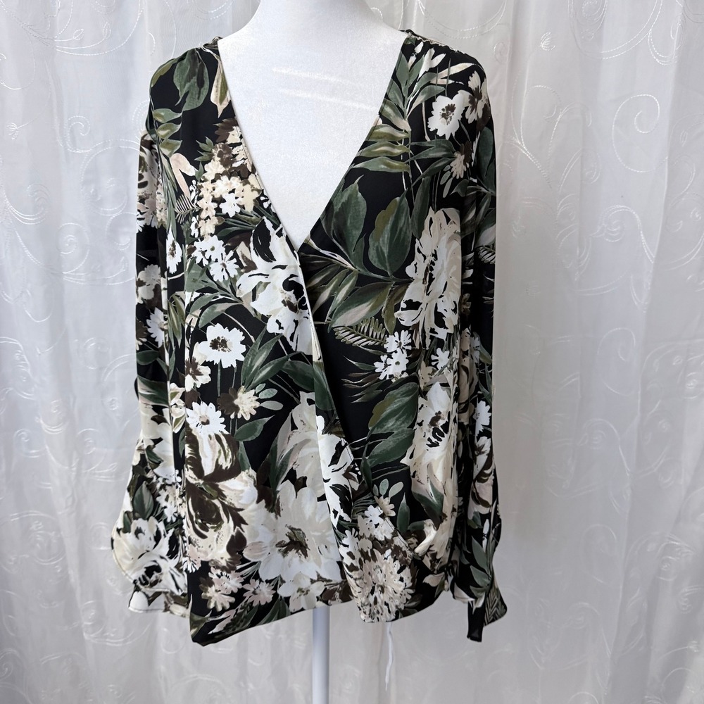 INC International Concepts Floral Surplice Blouse XL Black Olive Ruffle Sleeve